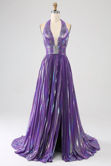 Glitter viola plissettato metallico lungo abito da ballo con fessura